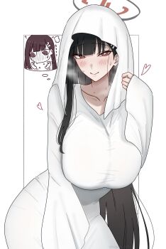 1girl black_hair black_halo blue_archive blunt_bangs blush breasts bright_pupils collarbone dress ghost_costume hair_ornament hairclip halo highres large_breasts long_hair long_sleeves looking_at_viewer multicolored_halo nagomu_7_56 red_eyes red_halo rio_(blue_archive) smile solo two-tone_halo veil white_dress white_pupils white_veil wide_sleeves