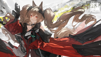 1girl angelina_(arknights) animal_ear_fluff animal_ears arknights arknights:_endfield bare_shoulders belt black_gloves bracelet breasts brown_hair coat commentary_request copyright_name diamond-shaped_pupils diamond_(shape) dress elbow_gloves floating_clothes floating_hair fox_ears fox_girl gilberta_(arknights) gloves grey_dress grin hand_up headpiece high_belt high_collar highres impossible_clothes impossible_dress infection_monitor_(arknights) jewelry light_particles lm7_(op-center) long_hair looking_at_viewer medium_breasts off_shoulder official_artist_extra open_clothes open_coat red_coat red_eyes sleeveless sleeveless_dress smile solo symbol-shaped_pupils twintails