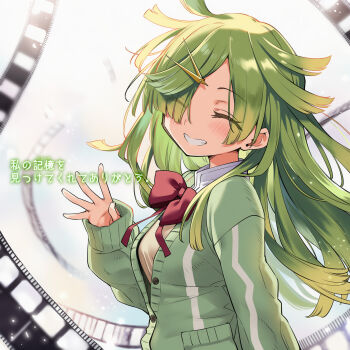 1girl ^_^ aki_mabayu blue_background blunt_bangs blunt_ends bow bowtie cardigan closed_eyes collared_shirt commentary_request eyes_visible_through_hair film_strip floating_hair green_cardigan green_hair grin hair_ornament hair_over_one_eye hairclip happy high_collar highres kurokam00megane light_blush light_particles long_hair long_sleeves magia_record:_mahou_shoujo_madoka_magica_gaiden mahou_shoujo_madoka_magica messy_hair mitakihara_school_uniform palms partially_unbuttoned puffy_long_sleeves puffy_sleeves red_bow red_bowtie school_uniform shirt sleeves_past_wrists smile solo translation_request upper_body waving wind yellow_shirt