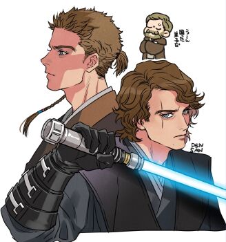 Rule 34 | 2boys, anakin skywalker, animification, blue lightsaber, dual persona, energy sword, facial hair, highres, jedi, lightsaber, male focus, multiple boys, multiple views, mustache, obi-wan kenobi, pensan, scar, scar across eye, scar on face, simple background, star wars, star wars: attack of the clones, star wars: revenge of the sith, sword, weapon, white background
