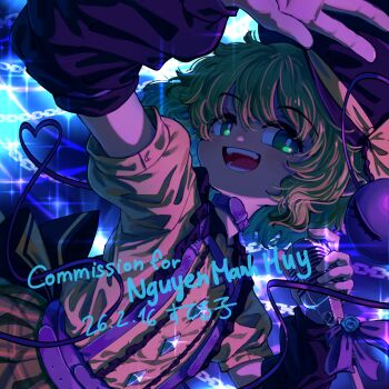 Rule 34 | 1girl, absurdres, alternate costume, arm warmers, artist name, black arm warmers, black hat, buttons, chain, commentary, commentary request, commission, commissioner name, dated, diamond button, english commentary, eyeball, green eyes, green hair, hat, highres, holding, holding microphone, komeiji koishi, looking at viewer, microphone, mixed-language commentary, open mouth, shirt, solo, suteruko, teeth, third eye, touhou, touhou hero of ice fairy, yellow shirt