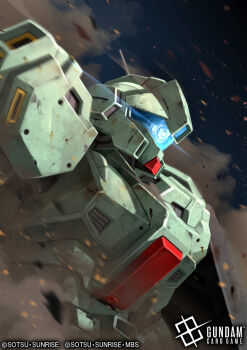 blue_visor char&#039;s_counterattack commentary_request copyright_notice damaged debris dirty dust earth_federation glowing gundam gundam_card_game gundam_unicorn jegan jegan_d_type logo machinery mecha mecha_focus mobile_suit official_art radio_antenna realistic robot science_fiction serike_w smoke sunrise_(company) title upper_body
