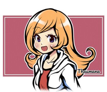 1girl artist_name blue_eyes blush coat dress highres long_hair mona_(warioware) nintendo open_mouth orange_hair pink_background red_dress simple_background smile square thaumana warioware white_coat