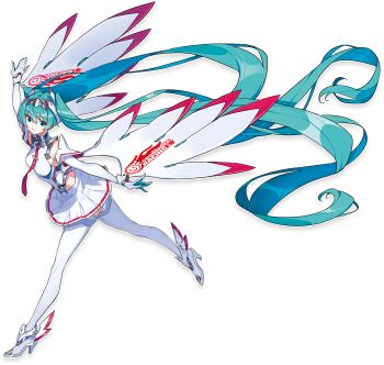 1girl aqua_eyes aqua_hair bare_shoulders covered_navel elbow_gloves fake_wings gloves goodsmile_company goodsmile_racing hatsune_miku headband high_heels highres long_hair looking_at_viewer miniskirt necktie official_art outstretched_arms pleated_skirt race_queen racing_miku racing_miku_(2025) red_necktie saitou_masatsugu skirt solo standing standing_on_one_leg thighhighs transparent_background twintails very_long_hair vocaloid white_thighhighs white_wrist_cuffs wings wrist_cuffs