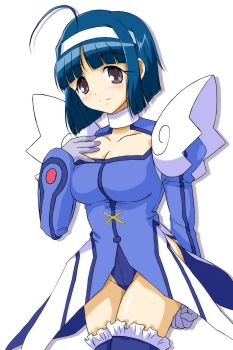 Rule 34 | 1girl, ahoge, arm behind back, blue gloves, blue hair, blue leotard, blue thighhighs, blunt bangs, blunt ends, blush, bob cut, breasts, choker, cleavage, cleavage cutout, clenched hand, closed mouth, clothing cutout, collarbone, commentary, cowboy shot, cross-laced clothes, cross-laced leotard, drop shadow, frilled thighhighs, frills, gloves, groin, hairband, hand on own chest, highres, inverted bob, juliet sleeves, kaitou tenshi twin angel, kannazuki aoi, large breasts, legs together, leotard, long sleeves, looking at viewer, macla, magical girl, puffy long sleeves, puffy sleeves, purple eyes, short hair, shoulder pads, simple background, smile, solo, split mouth, standing, tareme, thighhighs, twin angel, white background, white choker, white hairband