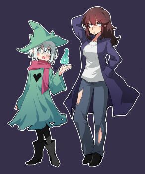 1boy 1girl :3 :d ankle_boots arm_behind_head black_boots black_shoes blue_pants blush boots breasts brown_eyes brown_hair closed_mouth coat commentary_request deltarune denim fang fire freckles frown full_body glasses green-framed_eyewear green_hat green_robe grey_eyes hand_in_pocket hat heart highres humanization jeans knees_apart_feet_together komugiko_(bitte_komu) long_hair long_sleeves looking_at_viewer medium_breasts open_clothes open_coat open_mouth outline pants pantyhose pink_scarf purple_background purple_coat ralsei robe round_eyewear scarf shirt shoes short_hair simple_background smile standing susie_(deltarune) torn_clothes torn_jeans torn_pants trap utdr_(toby_fox) v-shaped_eyebrows white_hair white_outline white_shirt wide_sleeves wizard_hat