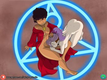 1futa 1girl amity_blight artist_name ass bible_black breasts brown_hair butt_crack closed_eyes crossover feet futanari hair_ornament hand_on_another&#039;s_head implied_fellatio implied_futanari kneeling long_hair luz_noceda magic_circle medium_breasts oral pink_hair ponytail red_robe robe short_hair spicypop spicypopstudio the_owl_house top-down_bottom-up