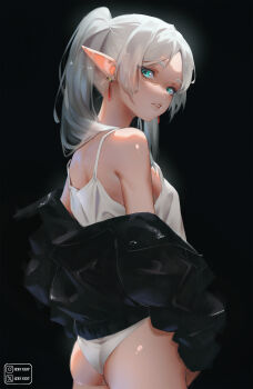 1girl absurdres aqua_eyes ass black_background black_jacket breasts camisole commentary earrings elf english_commentary frieren from_behind highres izei1337 jacket jewelry long_hair long_pointy_ears looking_at_viewer looking_back no_pants off_shoulder panties parted_bangs parted_lips pointy_ears simple_background small_breasts solo sousou_no_frieren teardrop_earrings twintails underwear white_camisole white_hair white_panties