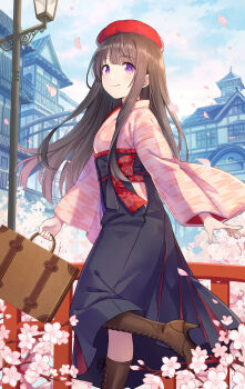 Rule 34 | 1girl, beret, black hakama, blue sky, blush, boots, brown boots, brown hair, building, chocomirukuaji, closed mouth, cloud, cloudy sky, commentary request, day, hakama, hakama skirt, hat, high heel boots, high heels, highres, holding, ipass (yi ka tong), japanese clothes, kimono, knee boots, lace-up boots, lamppost, long hair, long sleeves, outdoors, petals, pink kimono, purple eyes, railing, red hat, skirt, sky, smile, solo, standing, standing on one leg, suitcase, wide sleeves, xiao pa, yagasuri