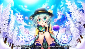 Rule 34 | 1girl, black hat, blue sky, commentary request, convenient skirt, copyright notice, edamame senpai, eyelashes, green eyes, green hair, hat, holding, holding magnifying glass, komeiji koishi, looking at viewer, magnifying glass, official art, open mouth, outdoors, short hair, sitting, sky, snowflakes, solo, third eye, touhou, touhou danmaku kagura, winter