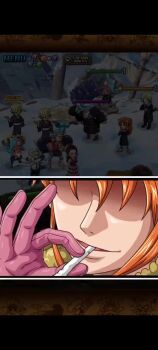 1girl animated bikini bikini_top_only blue_eyes body_switch bodysuit breast_lift breast_press breasts breasts_out breasts_squeezed_together cigarette corruption english_text female_pervert gloves grabbing_own_breast happy heart heart-shaped_eyes large_breasts long_hair nami_(one_piece) nami_(one_piece)_(punk_hazard) official_art one_piece one_piece_treasure_cruise open_clothes open_mouth orange_hair personality_switch pervert ponytail ryona sanji_(one_piece) smile smoking swimsuit tagme video