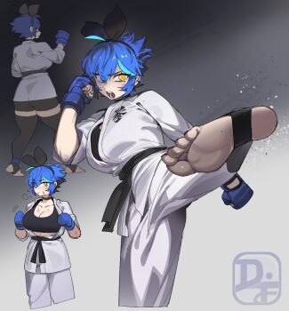 Rule 34 | 1girl, aqua hair, belt, black background, black belt, black bra, black ribbon, blue hair, blue nails, bra, breasts, cleavage, clenched hands, collarbone, commentary, cowboy shot, dif (difman), difman, dougi, english commentary, feet, fighting stance, fingerless gloves, foot focus, gauntlets, gloves, gradient background, grey background, hair ribbon, high kick, highres, karate gi, kicking, large breasts, looking at viewer, medium hair, mma gloves, mole, mole on foot, mole under eye, multicolored hair, multiple views, nail polish, open clothes, open mouth, open shirt, original, pale skin, pants, ribbon, short hair, shouting, signature, simple background, soles, stirrup legwear, sweat, sweatdrop, toeless legwear, toenail polish, toenails, toes, tongue, tunic, two-tone hair, underwear, white background, white pants, white tunic, yellow eyes