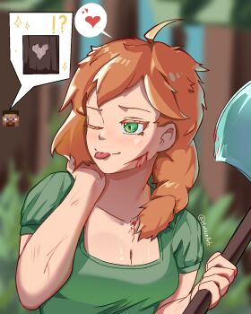 !? 1boy 1girl :p ahoge alex_(minecraft) artist_name axe blood blood_on_axe blood_on_chest blood_on_face blue_sky breasts bruise cleavage closed_mouth collarbone commentary commentary_request english_commentary forest green_eyes green_shirt hands_up heart highres hokkinarts holding holding_axe injury medium_breasts medium_hair messy_hair minecraft mixed-language_commentary nature one_eye_closed orange_hair out_of_frame outdoors shirt short_sleeves side_ponytail sky solo sparkle speech_bubble spoken_heart steve_(minecraft) tongue tongue_out twitter_username upper_body