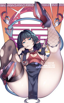 Rule 34 | 1girl, animal ears, black hair, black one-piece swimsuit, black shoes, blue eyes, breast curtains, breasts, brown thighhighs, choker, cleavage cutout, clothing cutout, commentary, covered navel, earrings, english commentary, finger in own mouth, fingernails, fishnet sleeves, fishnets, hair intakes, head tilt, heart cutout, highres, hot vr, jane doe (nocturne of light) (zenless zone zero), jane doe (zenless zone zero), jewelry, knife, large breasts, leather leotard, looking at viewer, mouse ears, mouse girl, mouse tail, o-ring, o-ring choker, o-ring swimsuit, official alternate costume, one-piece swimsuit, red nails, red one-piece swimsuit, sharp tail, shoes, single thighhigh, solo, swimsuit, tail, thighhighs, torn clothes, torn thighhighs, two-tone one-piece swimsuit, white background, zenless zone zero