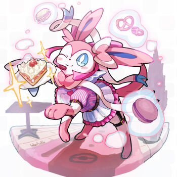 Rule 34 | animal focus, blue eyes, blush, bow, cake, cake slice, clothed pokemon, commentary request, faux figurine, food, fruit, gen 6 pokemon, headset, macaron, maid, nintendo, no humans, one eye closed, pink theme, pokemon, pokemon (creature), pokemon focus, pretzel, simple background, smile, solo, strawberry, sylveon, telekinesis, wasawasa (ikyu bu), white background