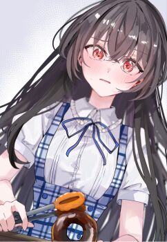 1girl absurdres black_hair blush donut falling food highres holding holding_tongs jin_(oihlf) koto_satsuki long_hair solo tongs upper_body watashi_ga_koibito_ni_nareru_wake_naijan_murimuri!