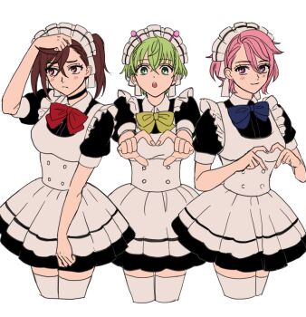3girls alternate_costume apron ayase_momo black_choker black_dress blue_bow blue_bowtie bow bowtie breasts brown_eyes brown_hair choker collared_dress cowboy_shot cropped_legs crossed_bangs dandadan dress frilled_apron frills frown furrowed_brow green_eyes green_hair hair_between_eyes hand_on_own_head heart heart_hands light_blush light_smile maid maid_apron maid_headdress medium_breasts medium_hair multiple_girls official_alternate_costume parted_lips pink_eyes pink_hair puffy_short_sleeves puffy_sleeves red_bow red_bowtie rotomem shiratori_aira_(dandadan) short_hair short_sleeves thighhighs twintails vamola_(dandadan) white_apron white_background white_thighhighs yellow_bow yellow_bowtie zettai_ryouiki