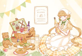 Rule 34 | 1girl, apple juice, apron, ari (oonmnmooo), banner, basket, blonde hair, blush, bottle, bow, bowtie, bread, burger, center frills, closed eyes, closed mouth, commentary, dress, english text, flower, food, fork, frilled apron, frills, fruit, fruit sandwich, green bow, green bowtie, green ribbon, highres, holding, holding bottle, honey, jam, jar, juice, knife, long hair, mini flag, orange (fruit), orange slice, original, pancake, pancake stack, picnic, pie, pink flower, plaid clothes, plaid dress, plate, ribbon, sandwich, smile, solo, spoon, strawberry, stuffed animal, stuffed toy, symbol-only commentary, teddy bear, tulip, twintails, u u, waist apron, white apron, wine bottle, yellow dress, yellow flower