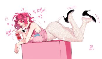 1girl black_shoes breasts can coca-cola drink_can drinking_straw high_heels highres lace lace_pantyhose lace_pantyhose_hooked_on_heel_(meme) large_breasts liliko_(lln_tvman) lln_tvman lying meme on_stomach open_mouth original pantyhose pink_eyes pink_hair pink_shirt shirt shoes sleeveless sleeveless_shirt smartwatch sound_effects watch white_pantyhose wristwatch