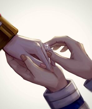 1boy 1girl bai_mei blue_jacket commentary_request couple fingernails frieren gem gold_trim hand_focus hetero highres himmel_(sousou_no_frieren) holding_hands jacket jewelry red_gemstone ring silver_ring simple_background sousou_no_frieren sparkle white_jacket white_trim