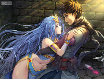 Rule 34 | 1boy, 1girl, armlet, artist name, bandaged arm, bandages, bare shoulders, belt pouch, black gauntlets, black pants, blue bustier, blue eyes, blue gem, blue hair, bottle, bracelet, breath of fire, breath of fire ii, brown eyes, brown gloves, brown hair, brown scarf, bustier, commentary request, dargain x, from side, gem, gloves, gold armlet, gold bracelet, grey tunic, hug, jewelry, leaning forward, leather, leather vest, light blush, liquid, long hair, looking at another, looking to the side, looking up, moss, navel, original, pants, parted lips, potion, pouch, purple gem, purple sleeves, red gem, red sash, ribs, sash, scarf, seso, short hair, stomach, stone floor, sunlight, tunic, vest, wide hips