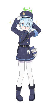 1girl absurdres ame_miya_ta armband arona_(blue_archive) black_skirt blue_archive blue_armband blue_eyes blue_hair boots braid charm_(object) cosplay full_body gloves hair_between_eyes hair_over_one_eye halo hat highres hikari_(blue_archive) hikari_(blue_archive)_(cosplay) jacket long_sleeves looking_at_viewer open_mouth pantyhose side_braid simple_background skirt solo sparkle standing white_background white_gloves white_pantyhose