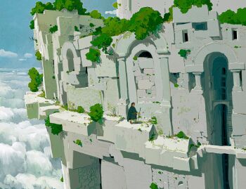 1boy above_clouds alariko blue_sky brown_shoes building bush cane cloud highres moss original robe ruins scenery shoes sky stone_wall walking wide_shot