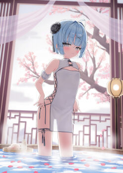 1girl :3 ahoge arm_garter armpit_crease backlighting bare_shoulders blue_eyes blue_hair blunt_bangs blurry blurry_background blush bottle bun_cover cherry_blossoms china_dress chinese_clothes closed_mouth commentary covered_navel day depth_of_field dress feet_out_of_frame flat_chest food hair_ornament half-closed_eyes highres holding holding_string huge_ahoge indoors koyubita lamp leaning_forward looking_at_viewer milk_bottle onsen original pelvic_curtain petals petals_on_liquid pussy see-through_clothes see-through_dress see-through_silhouette short_hair side_slit solo standing steam steamed_bun string symbol-only_commentary tassel tassel_hair_ornament wading water white_dress wooden_bathtub x_hair_ornament