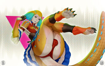 1girl animal_feet artist_logo artist_name blue_eyes bulge commentary crocodilian_tail dated english_commentary fingernails futanari highres logo monster_girl original scales sharp_fingernails sharp_toenails solo tail themaestronoob toenails