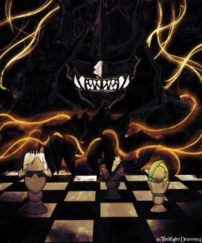 1other absurdres adventoftwilight bad_link black_skin cassie_(shadow_slave) chessboard cloak colored_skin empty_eyes extra_digits facing_viewer fingernails grin highres hood hood_up hooded_cloak horns nephis_(shadow_slave) objectification other_focus shadow_slave sharp_fingernails sharp_teeth smile string sunny_(shadow_slave) teeth upper_body weaver_(shadow_slave)