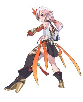 Rule 34 | 1girl, asymmetrical gloves, bad id, bad pixiv id, black thighhighs, boots, breasts, brown gloves, closed mouth, fu hua, fu hua (phoenix), full body, gloves, highres, honkai (series), honkai impact 3rd, kneepits, long hair, matsushita yuubin, mismatched gloves, ponytail, red eyes, red gloves, simple background, single thighhigh, solo, thighhighs, white background, white hair