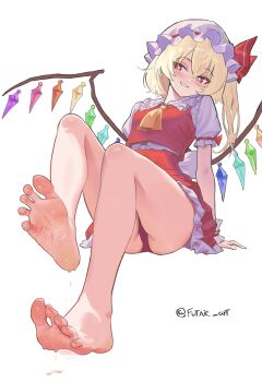 1girl absurdres artist_name bare_legs barefoot blonde_hair blush breasts bright_pupils commentary crossed_bangs crystal_wings dress english_commentary feet flandre_scarlet foot_focus frilled_dress frills full_body futsie_art hair_between_eyes hat highres legs long_hair looking_at_viewer mob_cap multicolored_wings neckerchief one_side_up panties parted_lips puffy_short_sleeves puffy_sleeves red_dress red_eyes red_panties short_dress short_sleeves side_ponytail simple_background sitting small_breasts soles solo spread_toes sweat sweatdrop toenails toes touhou twitter_username underwear white_background white_hat white_pupils wings yellow_neckerchief