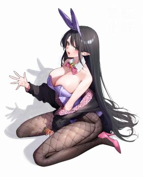 1girl :d animal_ears animal_print bare_shoulders black_hair black_pantyhose blush bow bowtie breasts carrot cleavage commentary_request detached_collar ear_piercing elf fake_animal_ears fishnet_pantyhose fishnets full_body high_heels highres holding large_breasts leopard_print leotard long_hair looking_at_viewer mole mole_under_eye open_mouth original pantyhose piercing pink_bow pink_bowtie pink_shoes playboy_bunny pointy_ears purple_leotard rabbit_ears rabbit_tail revision shoes simple_background sino42 sitting smile solo tail thighs very_long_hair wariza white_background