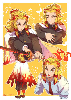 Rule 34 | 1boy, :d, ^ ^, belt, belt buckle, black jacket, black pants, blonde hair, border, buckle, bug, butterfly, cape, closed eyes, collared shirt, colored tips, commentary request, contemporary, demon slayer uniform, dress shirt, flame print, forked eyebrows, full body, hashimoto (yanagi-momo), holding, holding sword, holding weapon, insect, jacket, katana, kimetsu no yaiba, long hair, long sleeves, looking at viewer, male focus, multicolored hair, multiple views, necktie, open mouth, orange background, outside border, pants, parted lips, red eyes, red hair, red necktie, rengoku kyoujurou, sheath, shirt, simple background, smile, standing, streaked hair, sword, teacher, teeth, thick eyebrows, twitter username, two-tone hair, v-shaped eyebrows, weapon, white belt, white border, white cape, white shirt, wing collar, yellow background