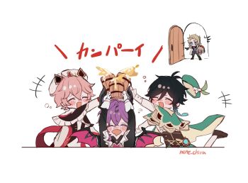 +++ 1girl 4boys :d ^_^ albedo_(genshin_impact) alcohol antenna_hair aqua_hair arm_up arms_up artist_name beer beret black_capelet black_hair black_horns black_jacket blush braid brown_corset cape capelet closed_eyes commentary_request corset crossed_bangs cup dahlia_(genshin_impact) door dragon_boy dragon_horns dragon_wings drooling drunk durin_(genshin_impact) frilled_capelet frilled_sleeves frills genshin_impact gradient_hair green_cape green_capelet green_hat hair_between_eyes hat hat_loss highres holding holding_cup horns jacket klee_(genshin_impact) leg_up long_sleeves male_focus medium_hair mouth_drool multicolored_hair multiple_boys nene_chiru nose_blush open_mouth pink_hair pointy_ears purple_hair shirt short_hair side_braids signature simple_background single_hair_intake sleeve_cuffs smile squeans tankard translation_request twin_braids two-sided_cape two-sided_fabric venti_(genshin_impact) vision_(genshin_impact) white_background white_hat white_shirt wings