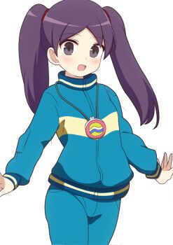1girl blue_jacket blue_pants blush commentary_request cowboy_shot curakuru grey_eyes highres jacket long_hair long_sleeves mega_man_(series) mega_man_battle_network_(series) mega_man_battle_network_6 pants partial_commentary patchwork_clothes purple_hair shuko_kido_(mega_man) simple_background solo track_jacket track_pants track_suit twintails white_background