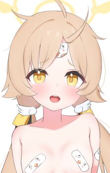 1girl absurdres ahoge bandaid bandaid_on_arm bandaid_on_face bandaid_on_forehead bandaids_on_nipples blonde_hair blue_archive blush bow breasts collarbone commentary_request hair_bow halo herananu117 hifumi_(blue_archive) highres long_hair looking_at_viewer low_twintails messy_hair nude open_mouth pasties peroro_(blue_archive) sidelocks simple_background small_breasts solo teeth twintails upper_body upper_teeth_only white_background yellow_bow yellow_eyes yellow_halo