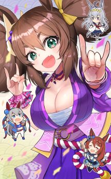 4girls absurdres ahoge akizuki_shigure animal_ears bag belt between_breasts black_pantyhose blue_bag blue_boots blue_dress blue_eyes blue_hairband blue_jacket blue_sailor_collar blue_scarf blue_skirt blue_sports_bra blue_wrist_cuffs blush boots bow bowl braid breasts brooch brown_hair chest_sarashi chibi chopsticks cleavage closed_eyes commentary_request dress ear_bow ear_covers ear_ribbon fang fingerless_gloves fox_mask fox_shadow_puppet gloves green_eyes grey_hair grey_tail hair_between_eyes hairband headband highres holding holding_bowl holding_chopsticks horse_ears horse_girl horse_tail inari_one_(inari_yukari_edomurasaki)_(umamusume) inari_one_(umamusume) jacket japanese_clothes jewelry kimono kouhaku_nawa large_breasts lightning_bolt_print lightning_bolt_symbol long_hair long_sleeves looking_at_viewer mask mask_on_head midriff multicolored_hair multicolored_hairband multiple_girls navel neckerchief oguri_cap_(starlight_beat)_(umamusume) oguri_cap_(umamusume) open_mouth pants pantyhose pleated_skirt purple_kimono red_belt red_headband red_neckerchief rope sailor_collar sarashi scarf scrunchie shimenawa shirt shoulder_bag skin_fang skirt small_breasts smile sports_bra star_brooch strap_between_breasts streaked_hair striped_clothes striped_hairband super_creek_(murmuring_stream)_(umamusume) super_creek_(umamusume) tail tamamo_cross_(fast_as_lightning)_(umamusume) tamamo_cross_(umamusume) tasuki teeth thigh_boots twintails two-tone_hairband umamusume upper_teeth_only very_long_hair white_hair white_jacket white_pants white_shirt wrist_cuffs wrist_scrunchie