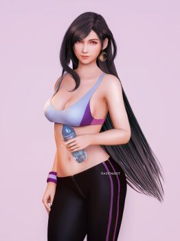 1girl 3d artist_name bare_shoulders black_hair bottle breasts cleavage cowboy_shot crescent crescent_earrings crescent_moon drink earrings final_fantasy final_fantasy_vii final_fantasy_vii_remake gold_earrings highres holding holding_drink jewelry large_breasts lips long_hair looking_to_the_side midriff moon navel pants raidenwgt red_eyes simple_background single_earring single_sidelock solo sports_bra sportswear square_enix swept_bangs tifa_lockhart water_bottle yoga_pants