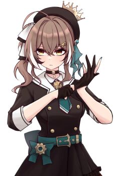 Rule 34 | 1girl, belt, beret, black gloves, bow, skirt bow, brooch, brown eyes, brown hair, buttons, choker, collared shirt, cosplay, crossed bangs, double-breasted, glove pull, gloves, green belt, green nails, green necktie, hair ornament, hairclip, hat, highres, hololive, hololive english, hoshimachi suisei, hoshimachi suisei (1st costume), hoshimachi suisei (cosplay), idol showdown, jewelry, m r b, multicolored hair, nail polish, nanashi mumei, necktie, partially fingerless gloves, pleated skirt, shirt, skirt, sleeve cuffs, three-quarter sleeves, star (symbol), star brooch, star choker, streaked hair, virtual youtuber