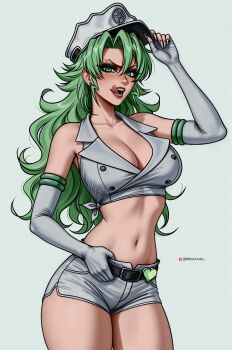 1girl ai-assisted bleach bleach:_sennen_kessen-hen breasts candice_catnipp commentary cowboy_shot crop_top elbow_gloves fingerless_gloves gloves green_eyes green_hair grey_background hand_on_headwear hat highres large_breasts licking_lips long_hair military_hat navel open_mouth patreon_username prixmal quincy_(bleach) short_shorts shorts simple_background solo sternritter stomach thighs tongue tongue_out white_gloves white_shorts