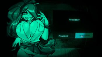 1girl bracelet breasts cleavage clothes_around_waist eyelashes fake_screenshot gerph hair_ornament highres huge_breasts jewelry large_breasts long_hair makeup meme nail_polish night_vision night_vision_device no_i&#039;m_not_a_human original security_camera sharp_teeth skarpne skarpworld smile source_request sweater sweater_around_waist teeth user_interface