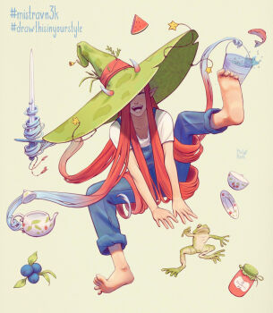 1girl absurdres artist_logo barefoot blue_hair blue_overalls blueberry bucket bucket_of_water closed_eyes collarbone colored_tips commentary covering_one_eye crosshatching cup draw_this_in_your_style_challenge english_commentary feet fish food frog fruit green_hat hashtag hat hat_ornament hat_over_one_eye hatching_(texture) highres holding holding_bucket holding_sword holding_teapot holding_weapon jam jar leaf_print logo long_hair mason_jar mistravn multicolored_hair open_mouth original outstretched_arms overalls prehensile_hair red_hair saucer shirt simple_background smile solo star_(symbol) star_hat_ornament straight_hair sword teacup teapot very_long_hair watermelon watermelon_slice weapon white_background white_shirt witch_hat