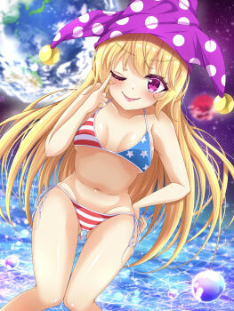>:) 1girl absurdres akanbe american_flag american_flag_bikini american_flag_print bikini blonde_hair blue_bikini blush breasts bubble cameltoe cleavage clownpiece collarbone commentary cowboy_shot dutch_angle earth_(planet) eyelid_pull fang finger_to_eye flag_print flag_print_bikini gluteal_fold groin hand_on_own_hip hat heart heart_in_eye highres jester_cap knees_together_feet_apart long_hair looking_at_viewer moon naughty_face navel ocean one_eye_closed outdoors planet polka_dot_headwear print_bikini purple_eyes purple_hat red_bikini reijing_etrn side-tie_bikini_bottom small_breasts smile solo space star_(symbol) star_print striped_bikini striped_clothes swimsuit symbol_in_eye tongue tongue_out touhou underboob v-shaped_eyebrows
