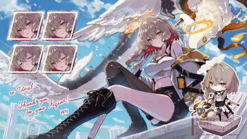 1girl absurdres bare_shoulders black_boots black_gloves black_shorts blue_sky boots breasts brown_eyes brown_hair brown_thighhighs character_request chibi cleavage closed_mouth cloud commentary_request commission day fingerless_gloves fold-over_boots gloves hair_between_eyes halo highres holding holding_sheath indie_virtual_youtuber jacket katana knee_boots lace-up_boots medium_breasts multicolored_hair multiple_expressions multiple_views off_shoulder open_clothes open_jacket outdoors red_hair sheath sheathed shorts skeb_commission sky smile sword thank_you thighhighs thighhighs_under_boots two-tone_hair virtual_youtuber weapon white_jacket wn_(wani-noko)