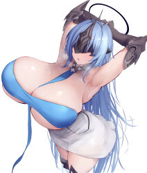 Rule 34 | 1girl, absurdres, alsace (azur lane), armored boots, armpits, arms behind head, arms up, azur lane, between breasts, black gauntlets, blue hair, boots, breast strap, breasts, covered eyes, dress, facing viewer, gauntlets, heavy breathing, highres, huge breasts, long hair, masked, parted lips, presenting armpit, short dress, simple background, solo, very long hair, white background, white dress, yuuki shuri