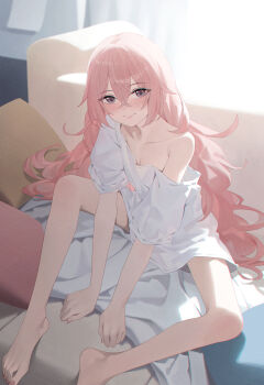 Rule 34 | 1girl, absurdres, backlighting, barefoot, closed mouth, collarbone, commentary request, crossed bangs, double-parted bangs, feet, film grain, fluffy hair, full body, hair between eyes, highres, indoors, inui sajuna, long bangs, long hair, looking at viewer, naked shirt, off shoulder, oversized clothes, oversized shirt, pillow, pink eyes, pink hair, pozi, shirt, short sleeves, sitting, solo, sono bisque doll wa koi wo suru, spread legs, t-shirt, very long hair, white shirt