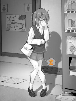 1girl bag commentary_request covering_own_mouth full_body glasses greyscale highres implied_vibrator kakuremino7928 knees_together_feet_apart large_variant_set long_sleeves loose_socks medium_hair miniskirt monochrome original outdoors public_restroom semi-rimless_eyewear shirt shoes shoulder_bag skirt socks solo speech_bubble standing sweater_vest trembling under-rim_eyewear variant_set
