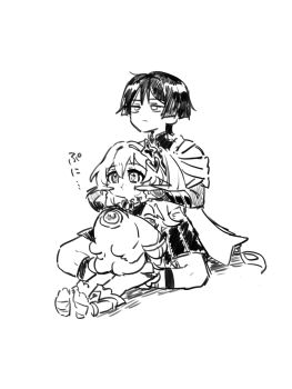 1boy 1girl :t absurdres anklet armlet armor blunt_ends bodysuit bridal_gauntlets cheek_bulge cheek_poking choppy_bangs closed_mouth commentary_request creature cross-shaped_pupils detached_sleeves dress full_body furisode genshin_impact greyscale hair_between_eyes hair_intakes hair_ornament hakama hakama_shorts heart heart_hair_ornament highres index_finger_raised indian_style japanese_armor japanese_clothes jewelry kimono kote long_hair mandarin_collar middle_ring monochrome nahida_(genshin_impact) neo_akasha_terminal oishii_sasa pleated_shorts pointy_ears poking scaramouche_(genshin_impact) shorts side_cape side_ponytail sidelocks sitting sitting_on_leg socks stirrup_footwear symbol-shaped_pupils toes translation_request wanderer_(genshin_impact) white_background