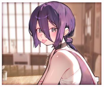 1girl black_choker blurry blurry_background chainsaw_man choker cup flower green_eyes hair_between_eyes hair_bun highres indoors lianbiglian purple_hair reze_(chainsaw_man) shirt solo tongue tongue_out water white_flower white_shirt